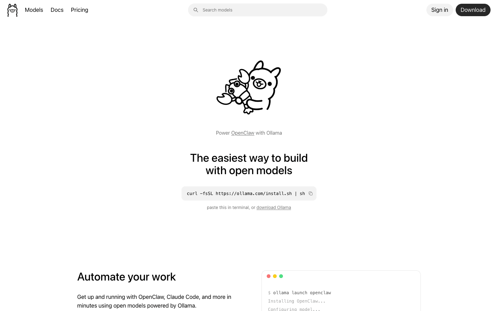 Ollama product homepage screenshot showing the interface and branding