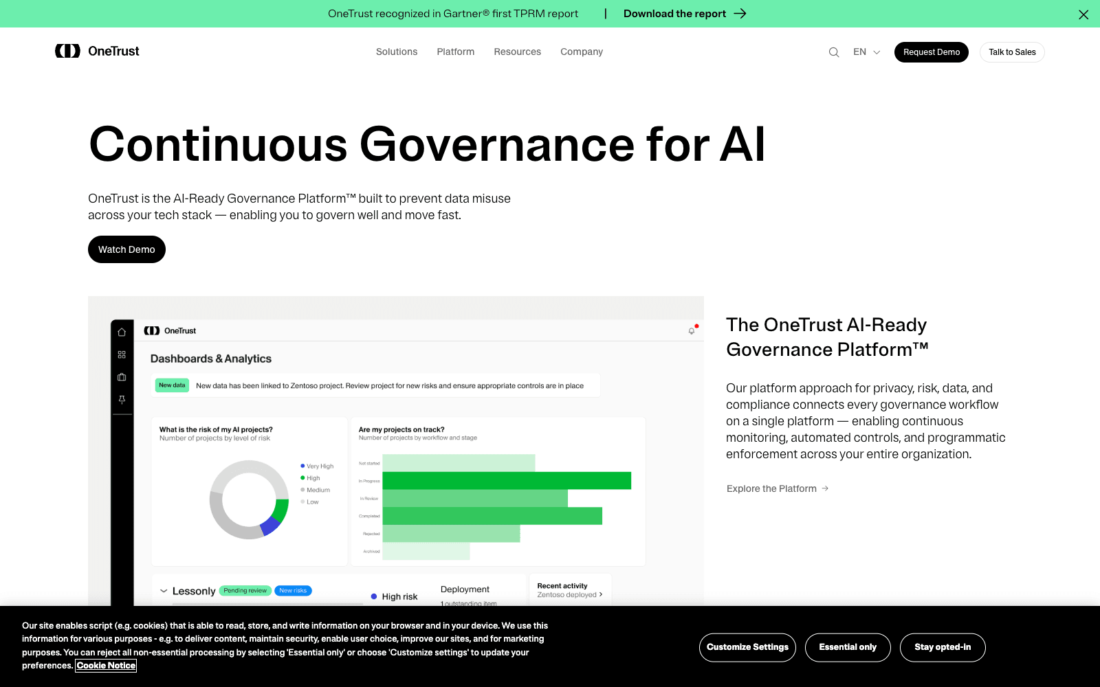 OneTrust product homepage screenshot showing the interface and branding
