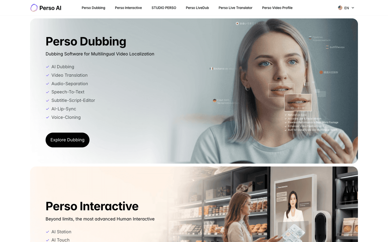 Perso.ai homepage screenshot showing the product interface and branding