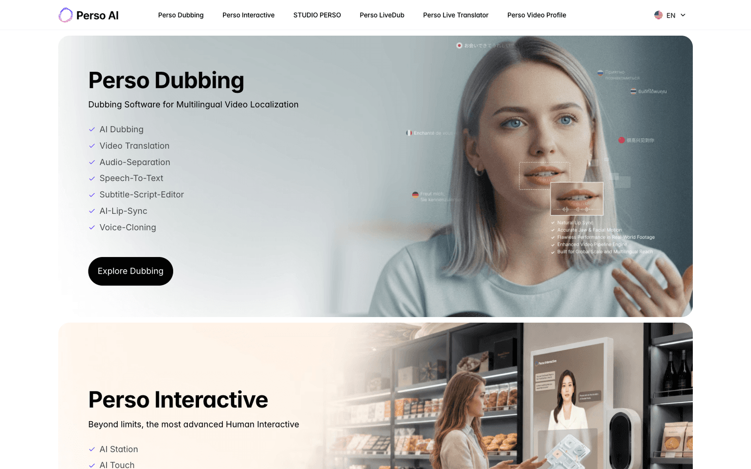 Perso.ai homepage screenshot showing the product interface and branding