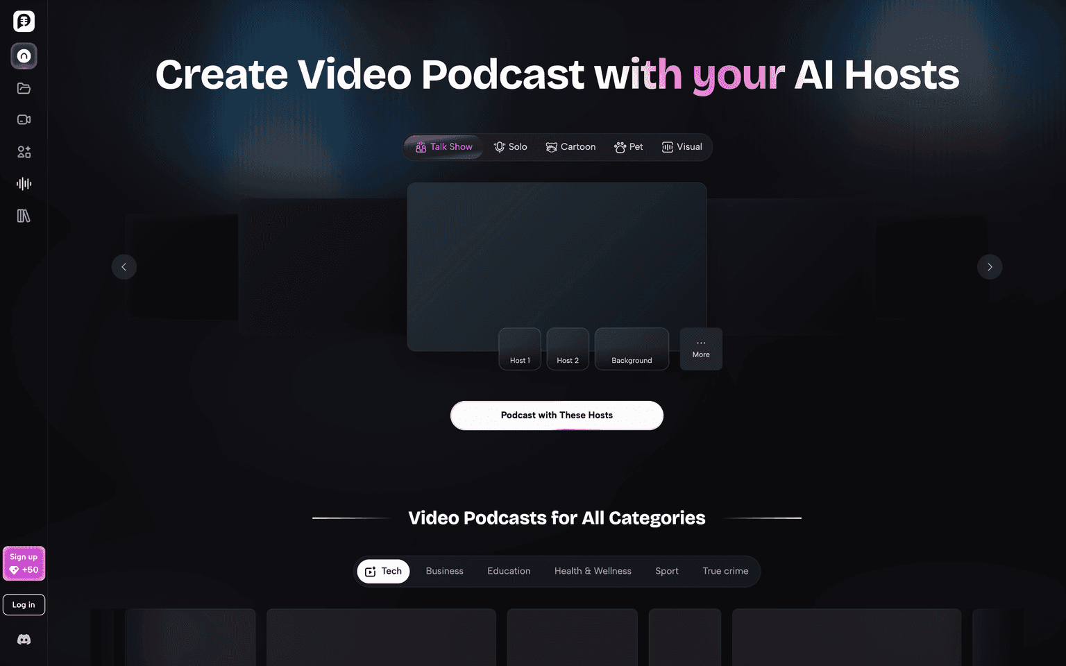 PodcastorAI landing page showing documents turned into video podcasts hosted by AI avatars