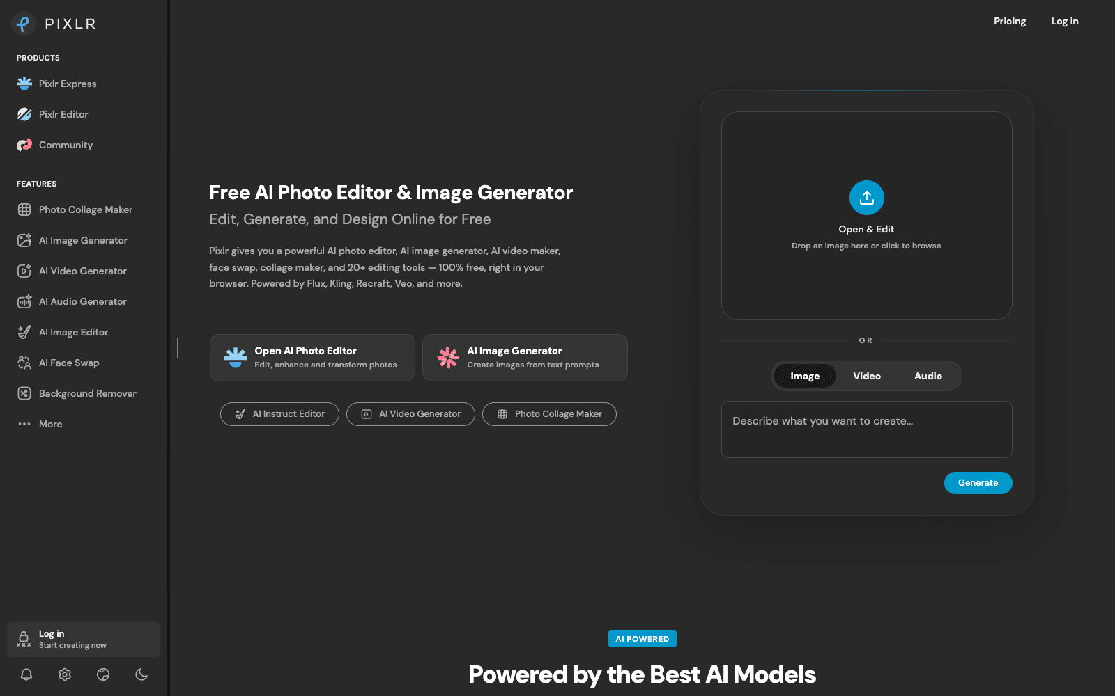 Pixlr homepage screenshot showing the product interface and branding