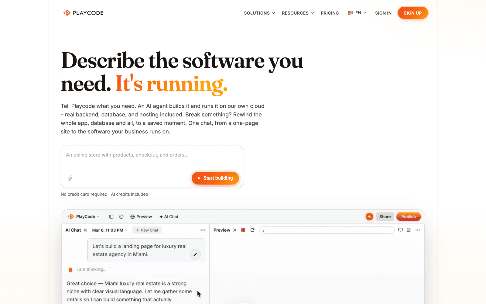 PlayCode homepage screenshot showing the product interface and branding