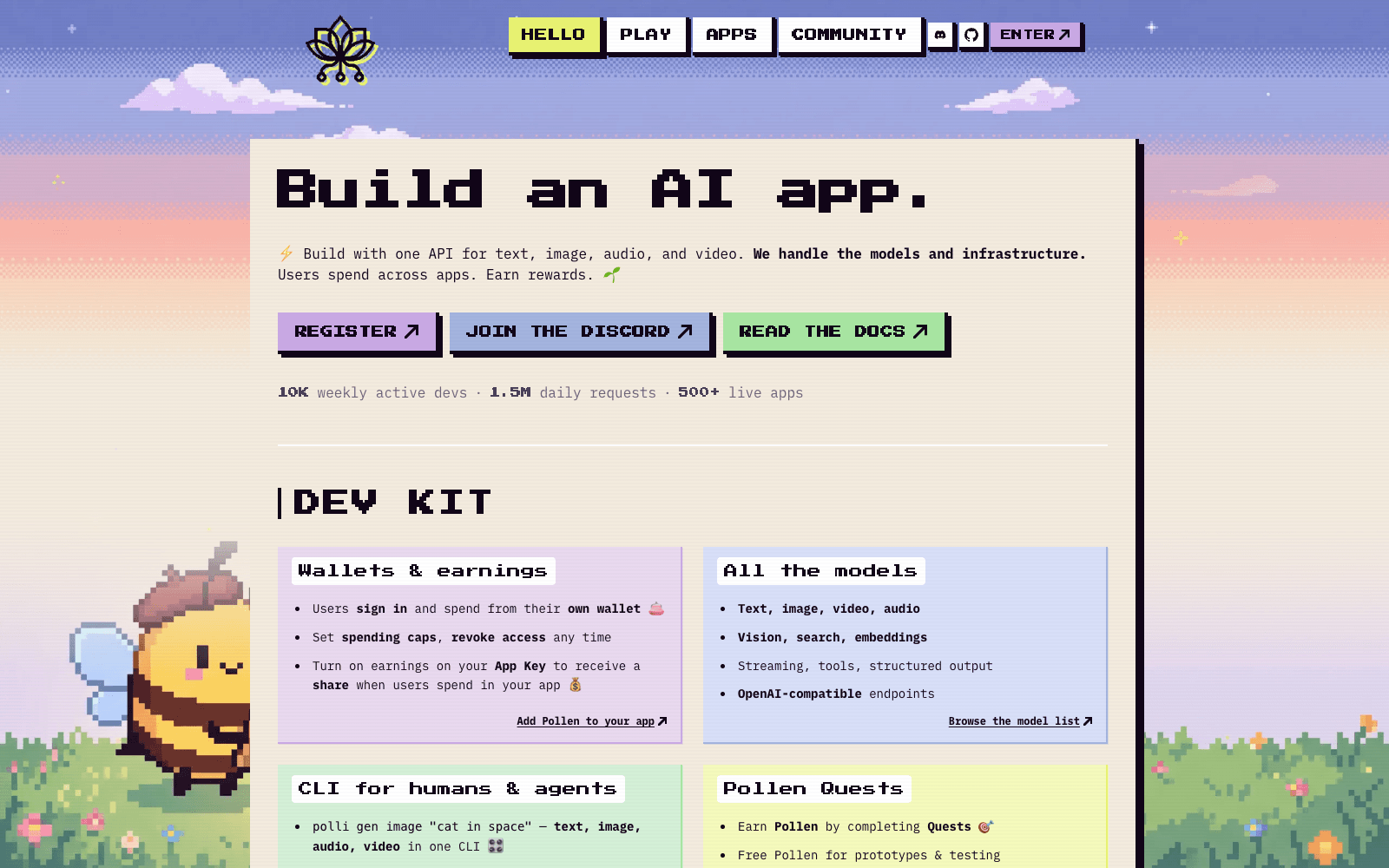 Pollinations homepage screenshot showing the product interface and branding