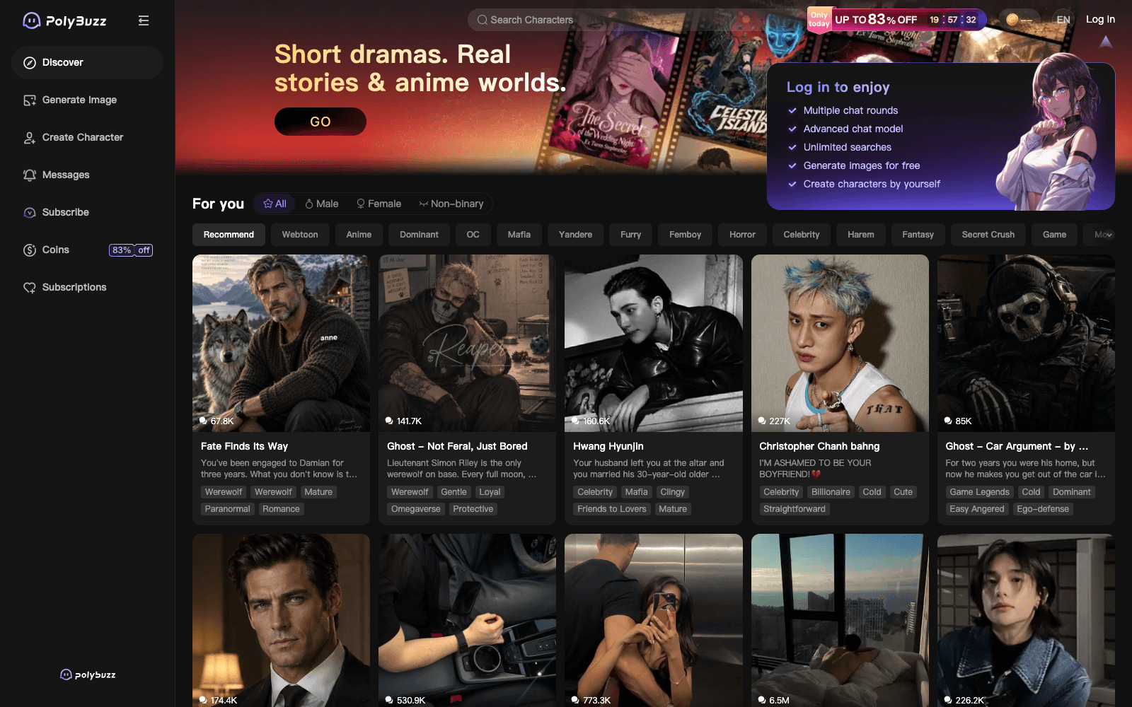 PolyBuzz homepage screenshot showing the product interface and branding