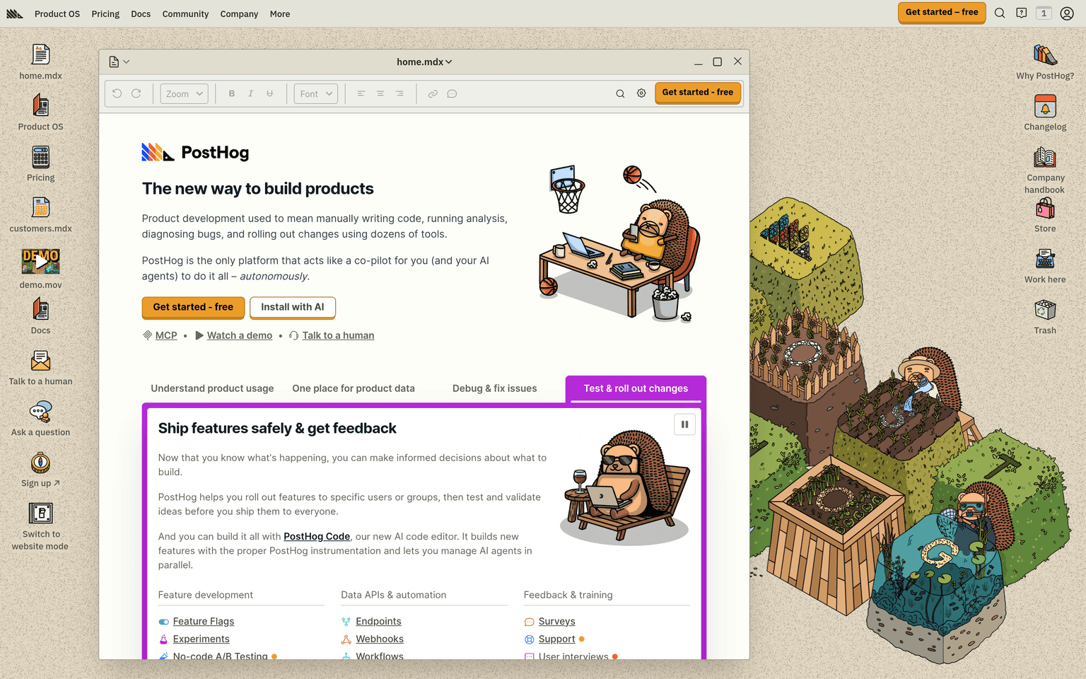 PostHog homepage showing product analytics and session replay platform