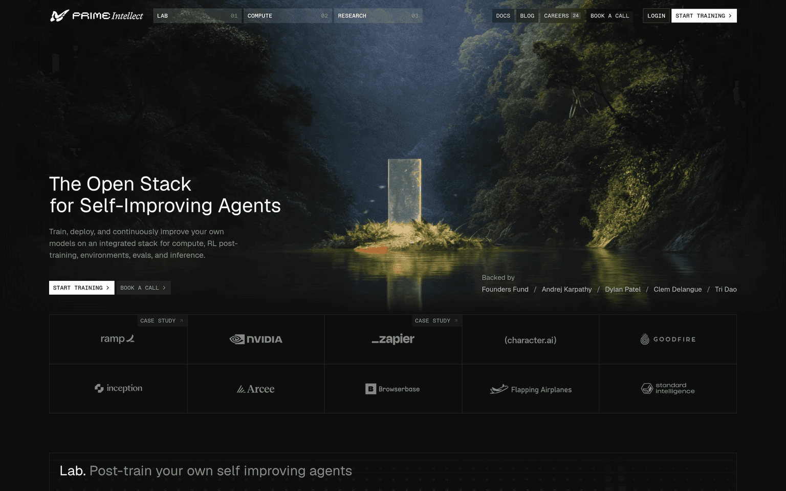 Prime Intellect product interface dashboard screenshot homepage view