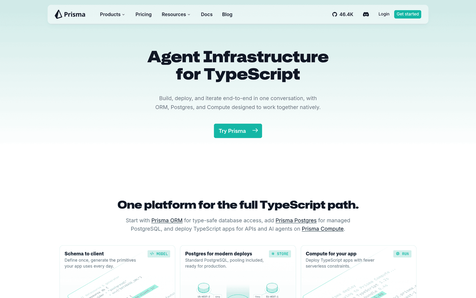 Prisma homepage showing TypeScript ORM and database toolkit
