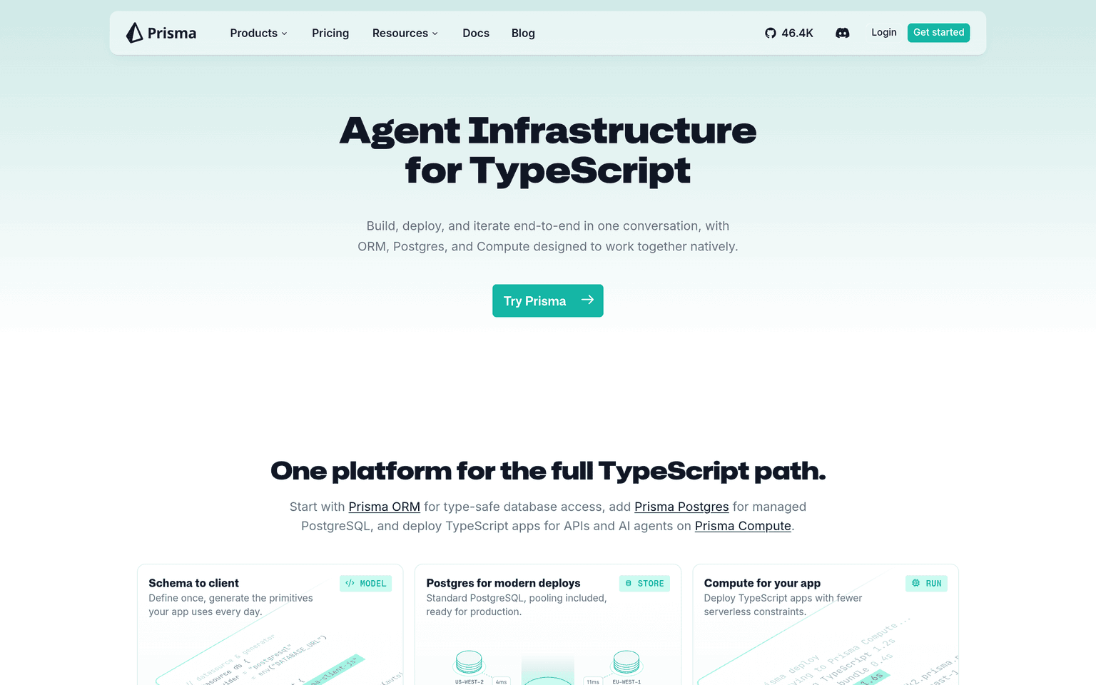 Prisma homepage showing TypeScript ORM and database toolkit