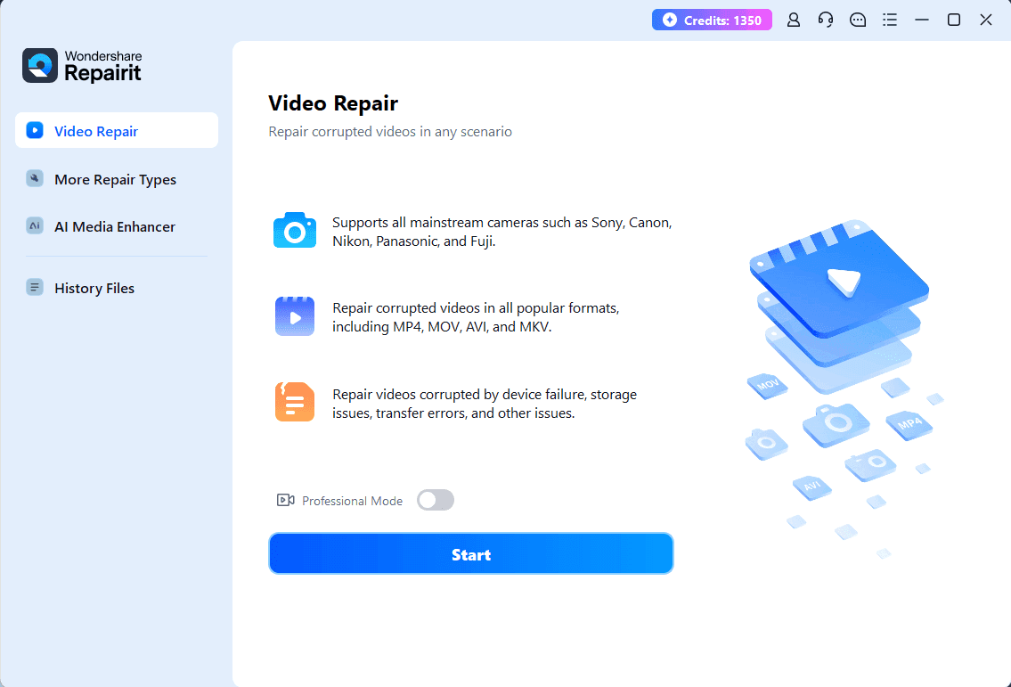 Wondershare Repairit desktop Video Repair screen listing supported cameras and video formats