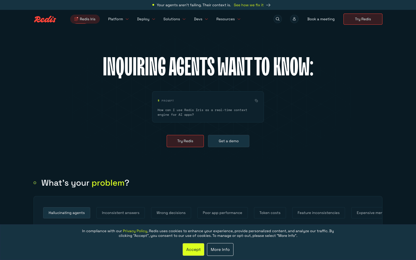 Redis product homepage screenshot showing the interface and branding