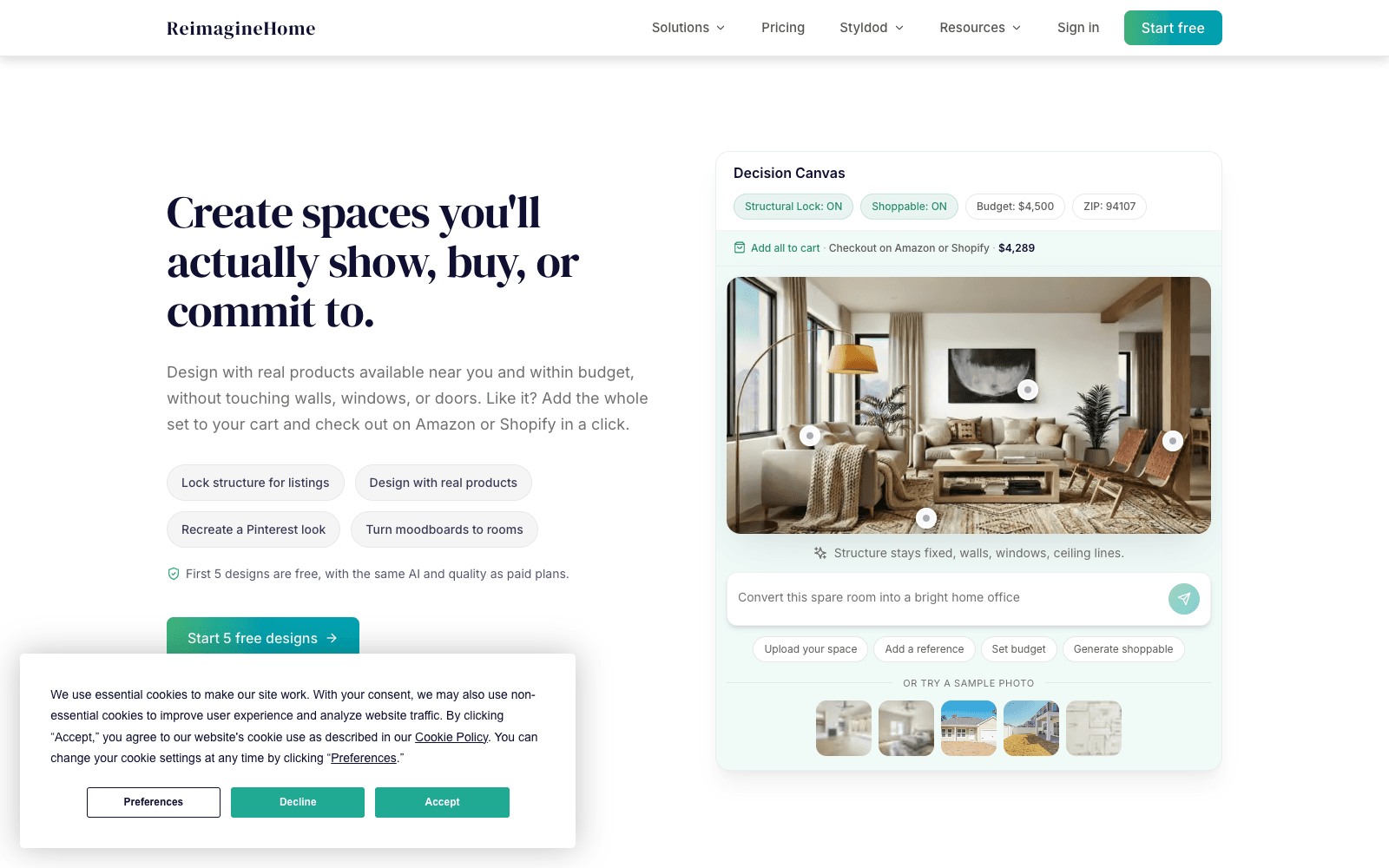 ReimagineHome homepage screenshot showing the product interface and branding