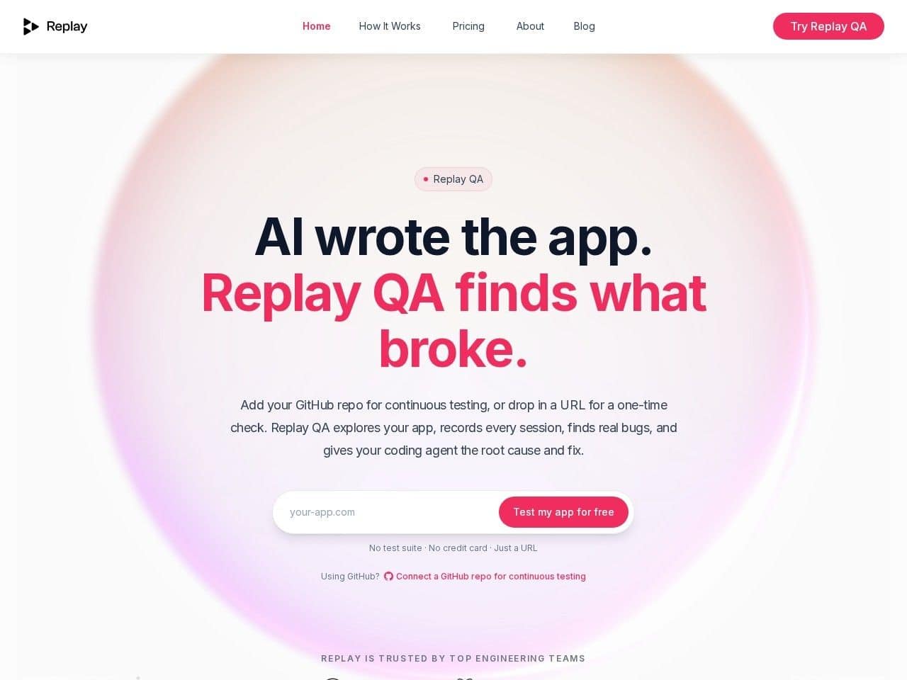 Replay QA product interface dashboard screenshot homepage view