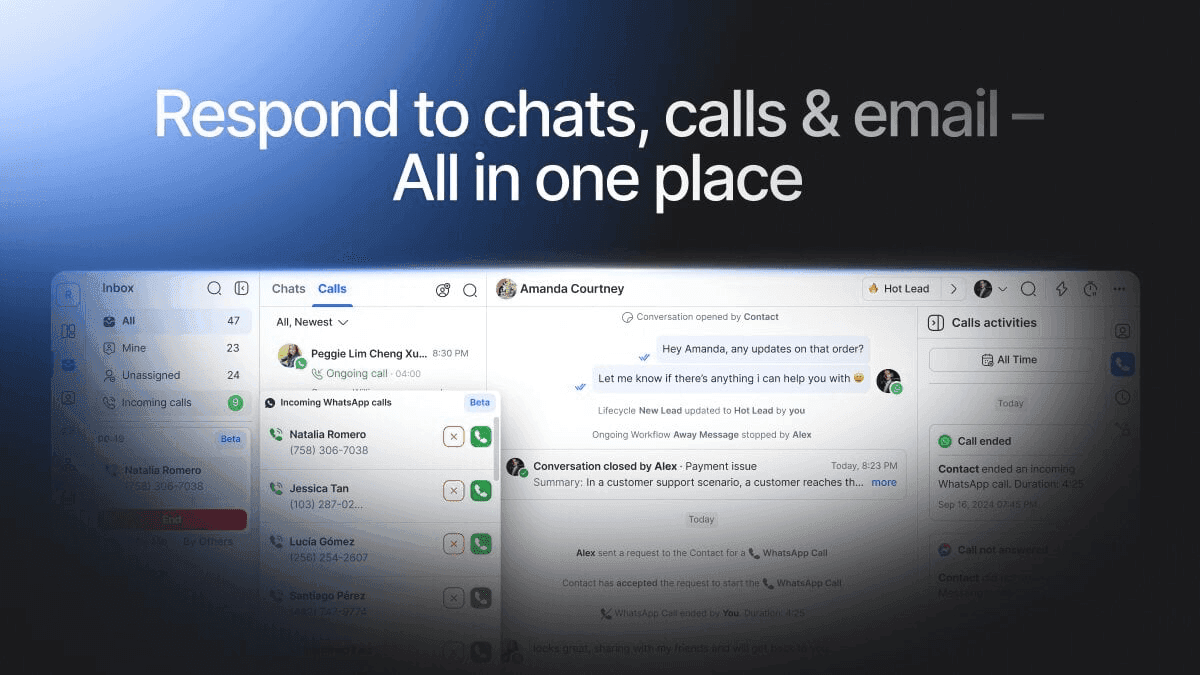Respond.io product screenshot of its unified inbox for chats, calls, and email