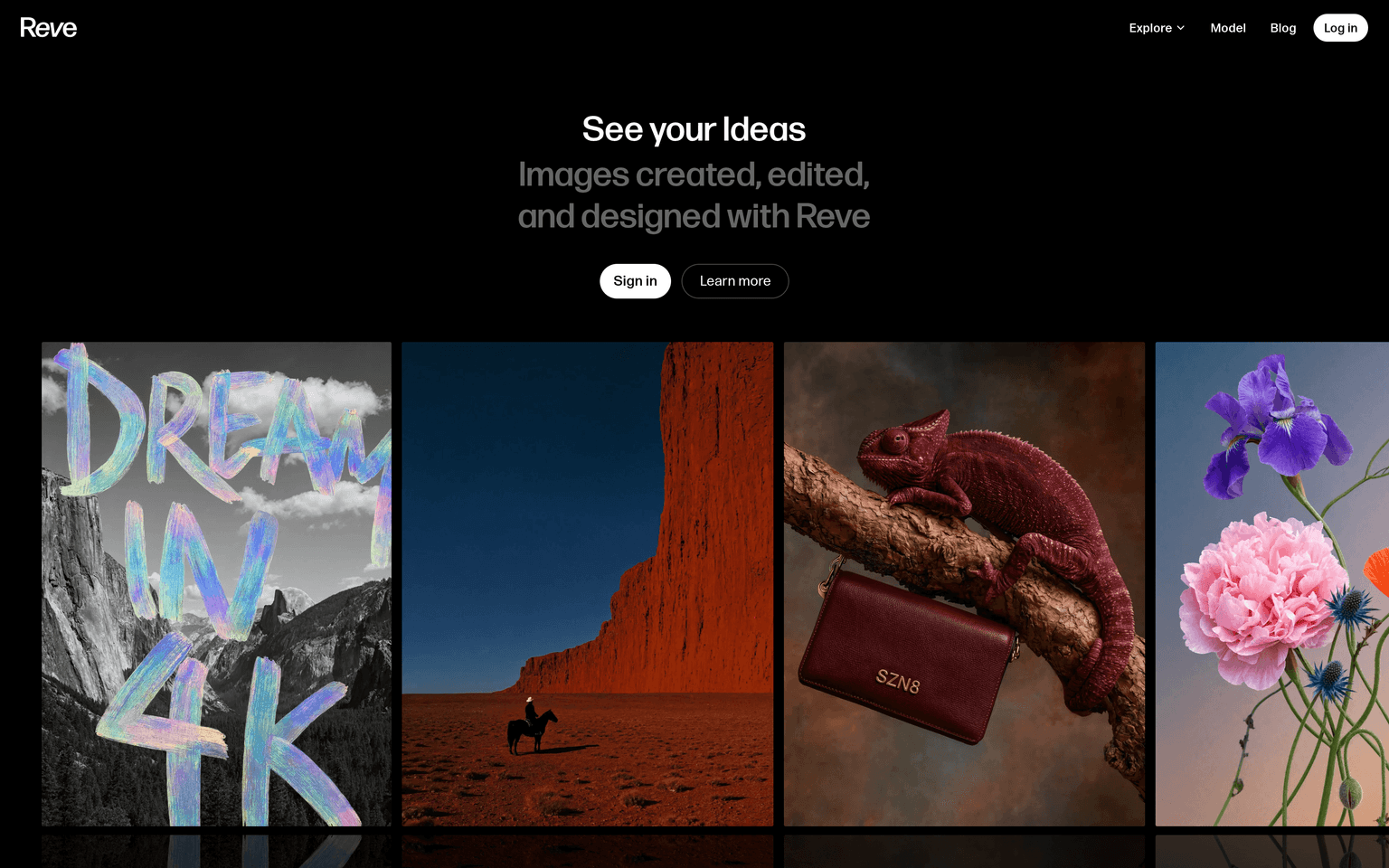 Reve website homepage screenshot showing the product and its main features