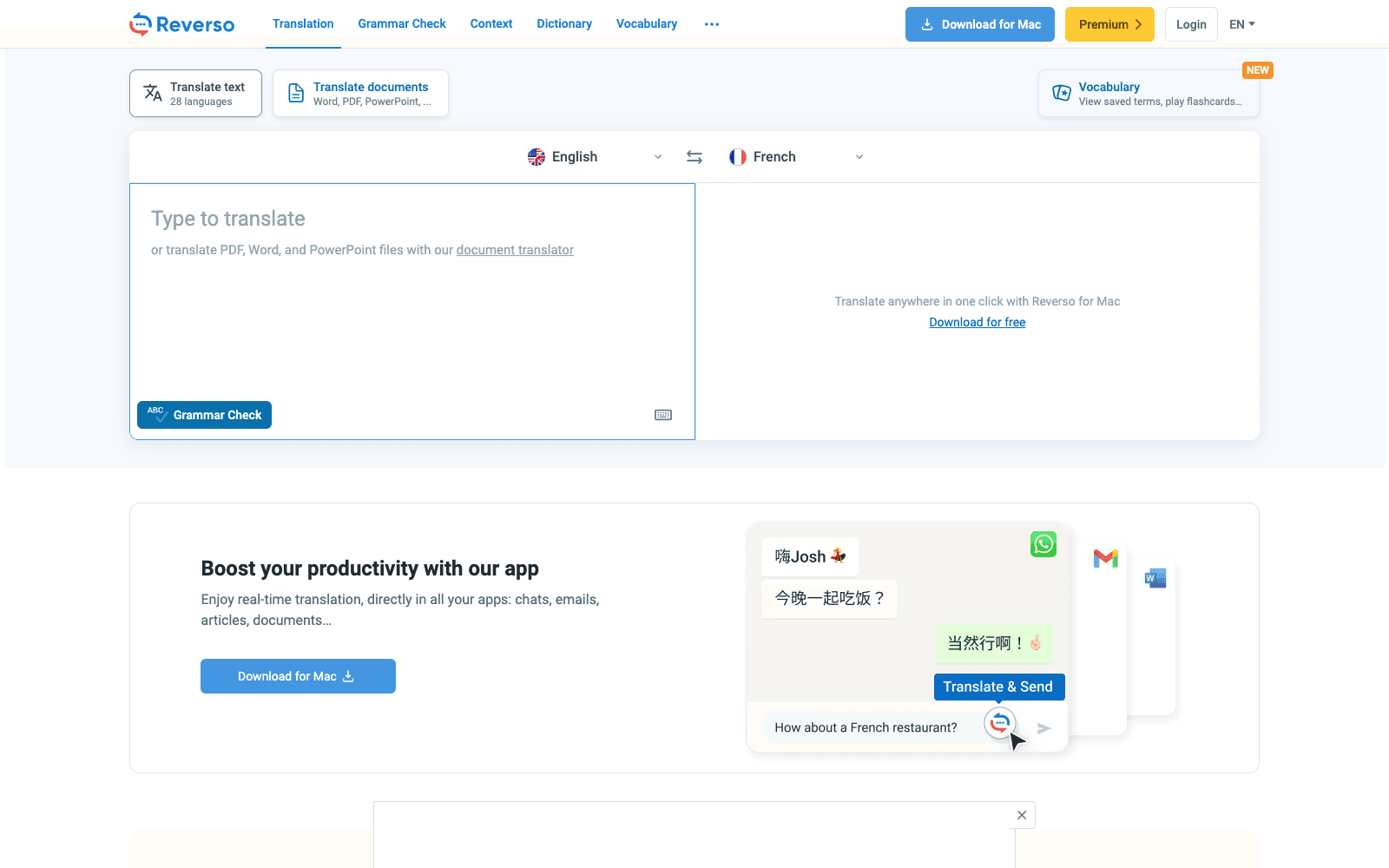Reverso homepage screenshot showing the product interface and branding