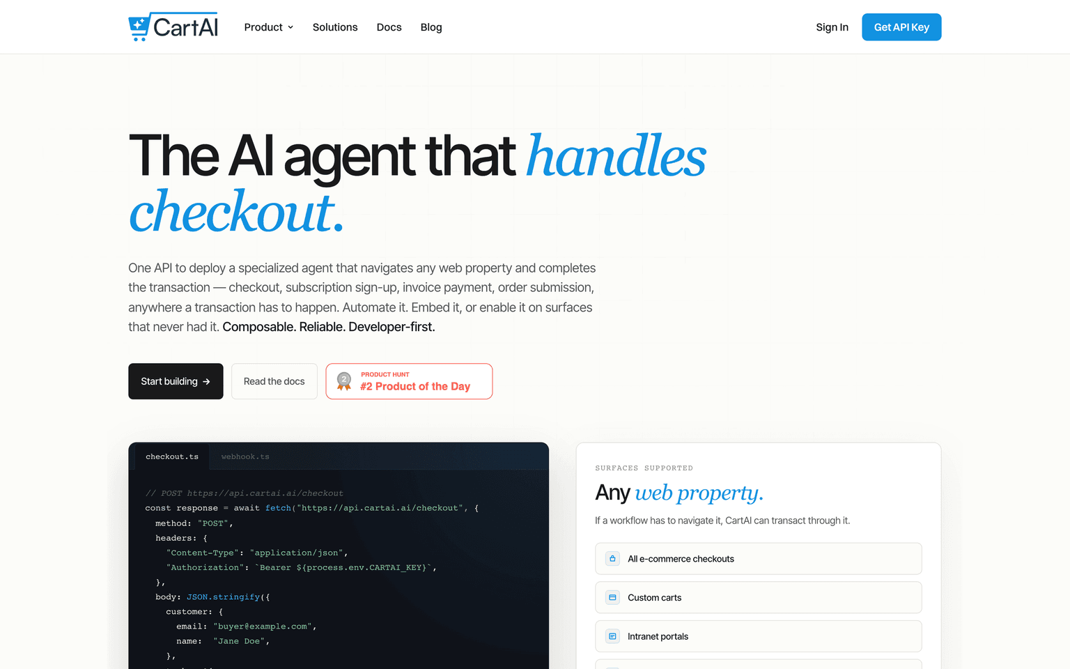 CartAI landing page describing an API that lets AI agents complete checkout on any merchant website