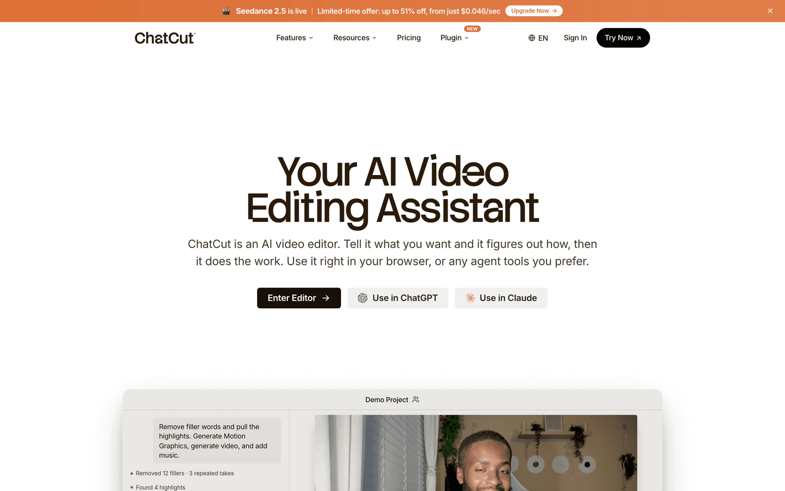 ChatCut landing page showing a prompt-driven AI video editor with an editable timeline and captions