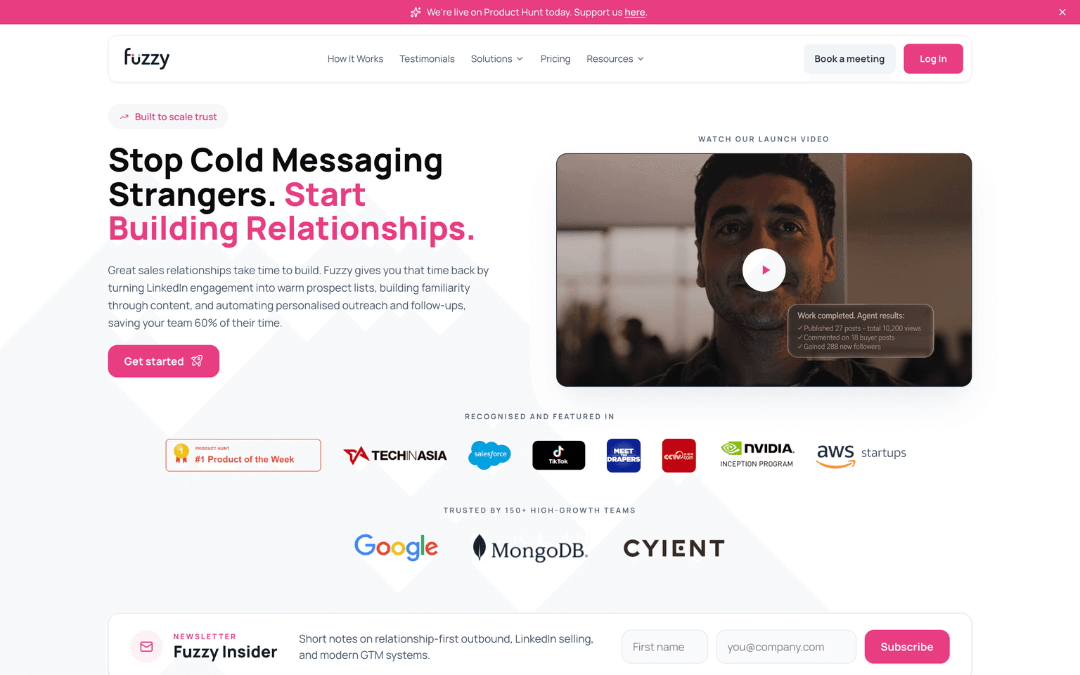 Fuzzy AI landing page describing a LinkedIn-first sales platform that warms prospects before outreach