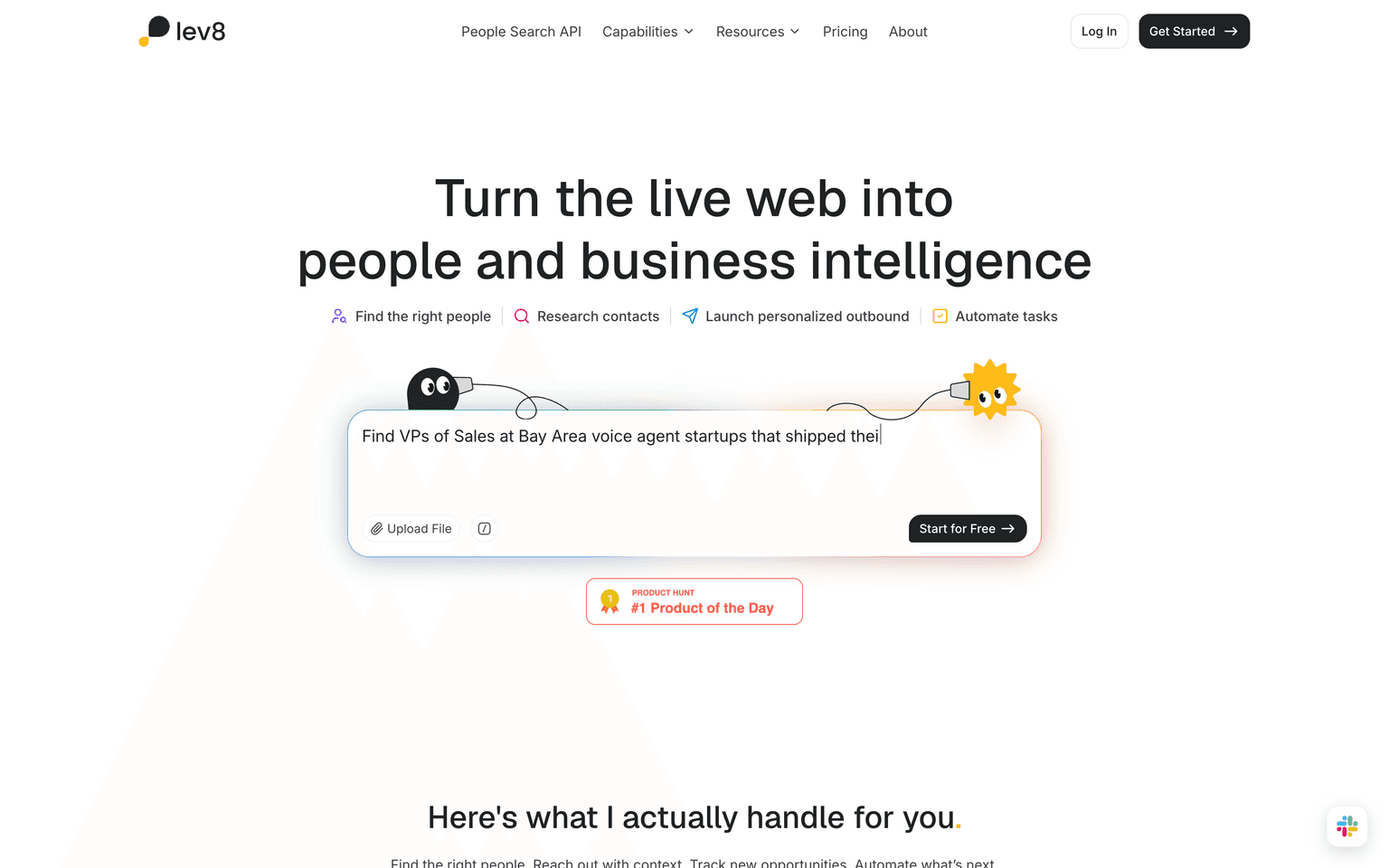 Lev8 landing page describing AI agents that search live web data to find and enrich sales prospects