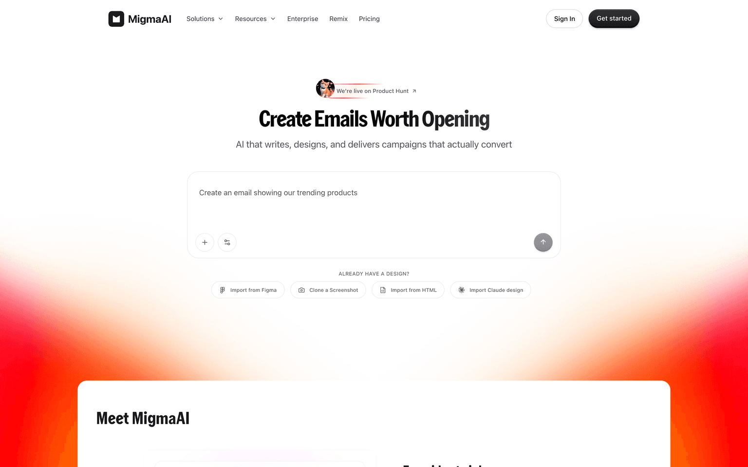 Migma AI landing page showing prompt-generated on-brand email campaigns and a visual editor