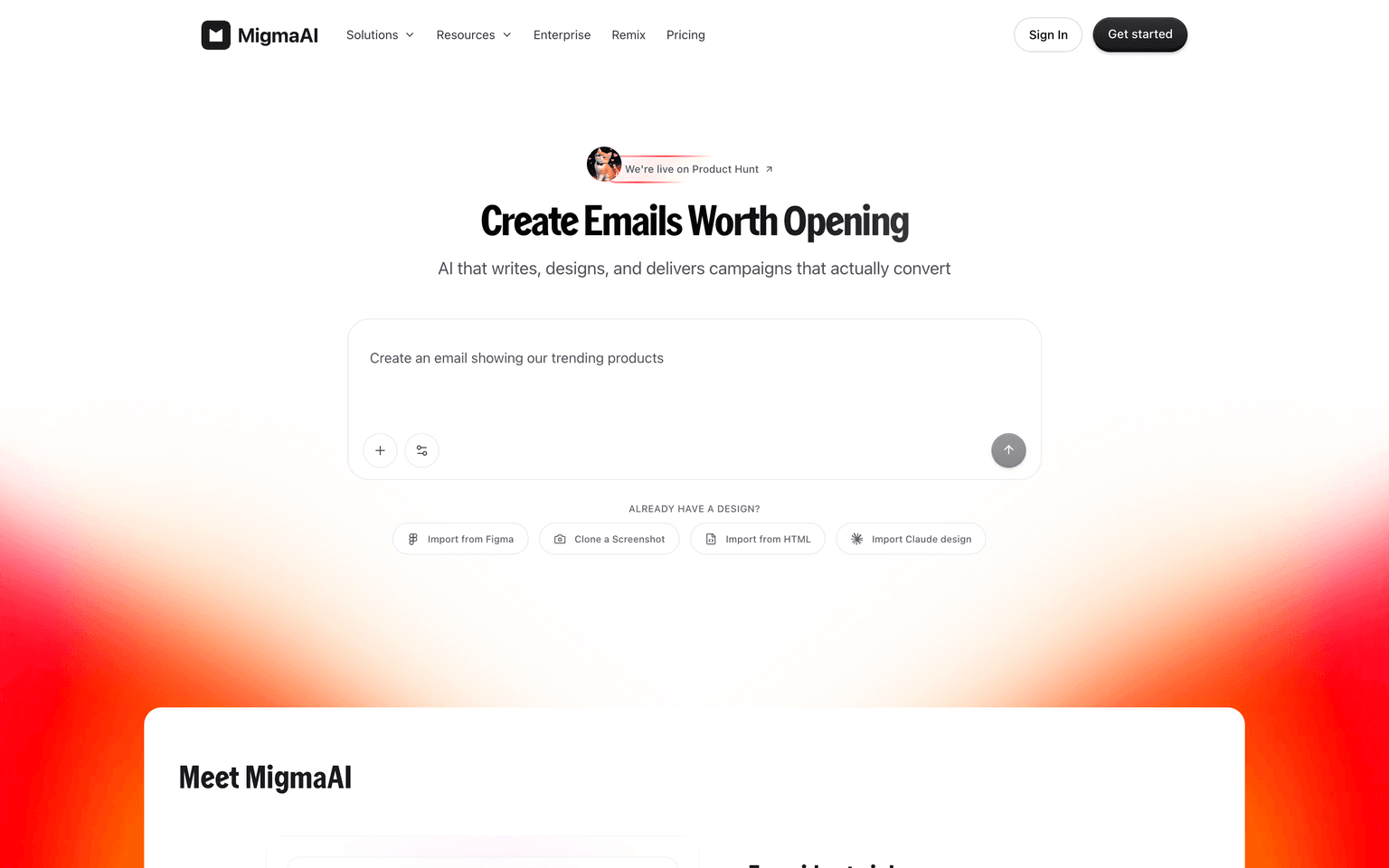 Migma AI landing page showing prompt-generated on-brand email campaigns and a visual editor