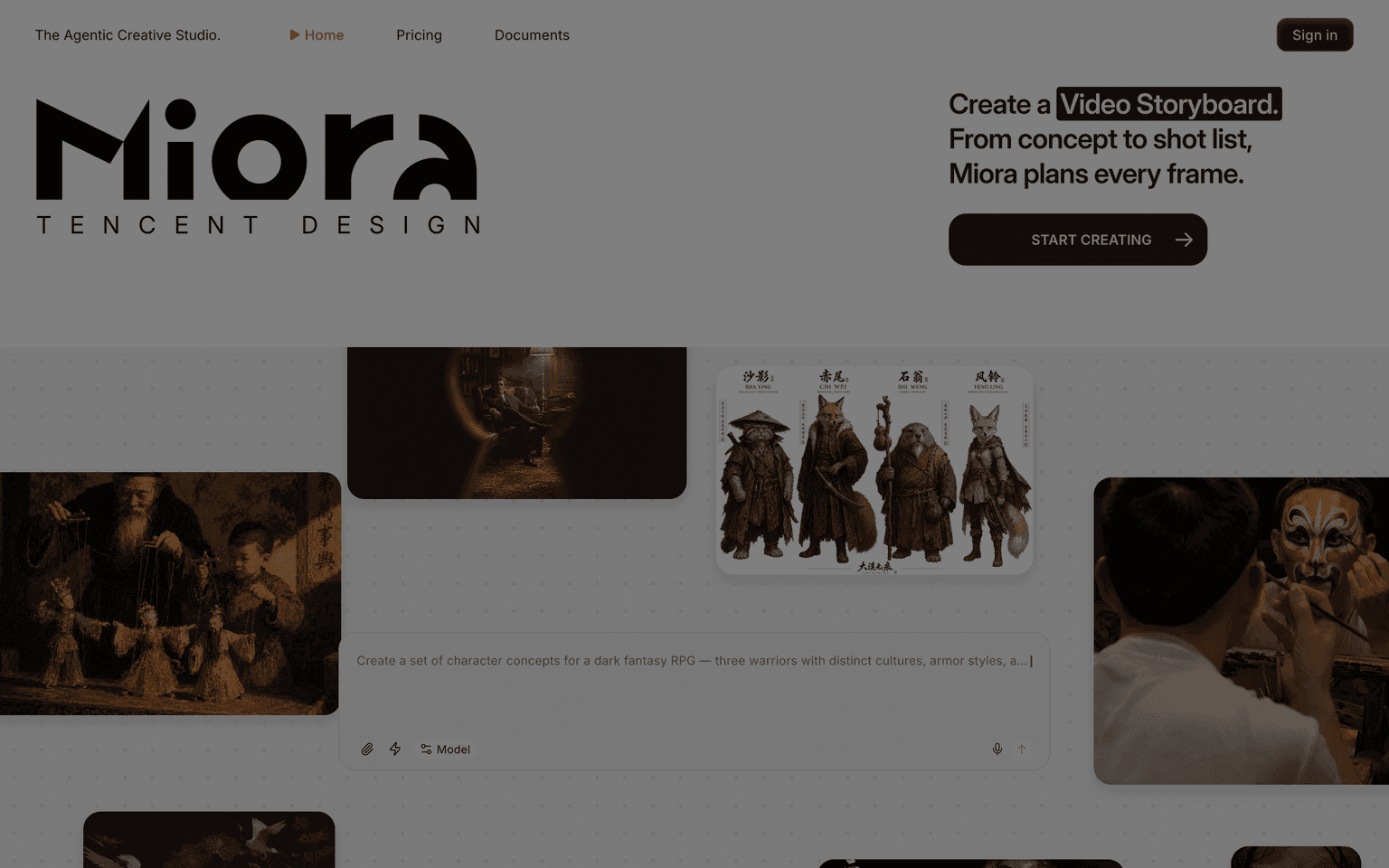 Miora landing page showing an agentic creative studio canvas for images, video, and design assets