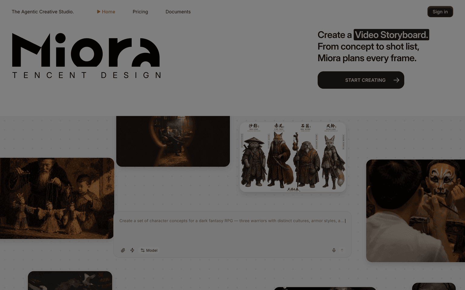 Miora landing page showing an agentic creative studio canvas for images, video, and design assets