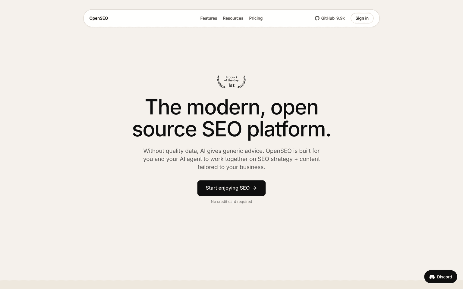 OpenSEO landing page presenting an open source SEO suite for keyword research and rank tracking
