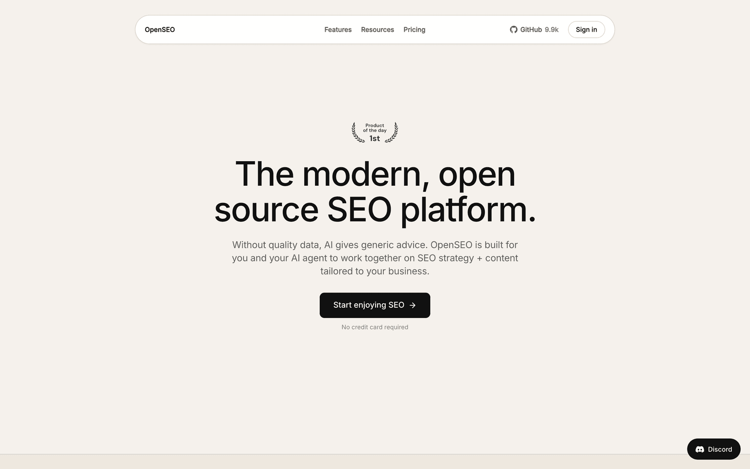 OpenSEO landing page presenting an open source SEO suite for keyword research and rank tracking