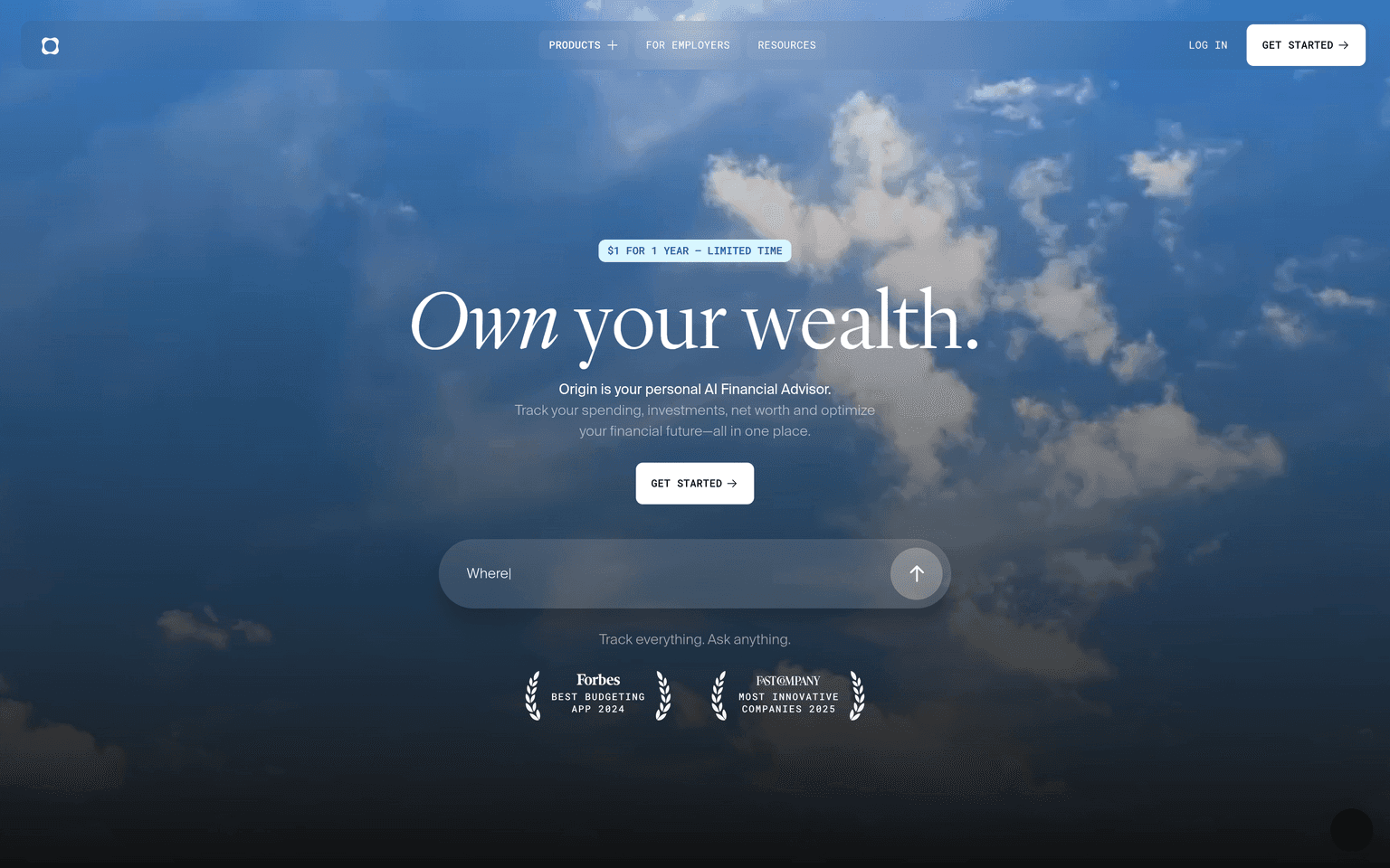 Origin landing page reading Own your wealth for an AI personal finance and money management app