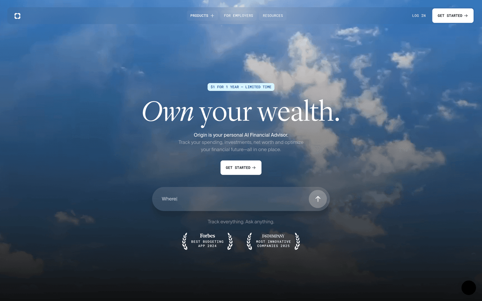Origin landing page reading Own your wealth for an AI personal finance and money management app