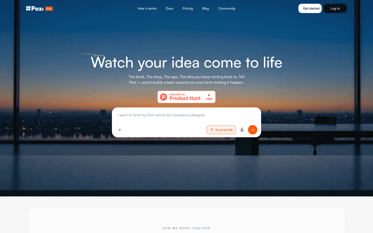Pazi landing page describing AI agents that fill company roles and execute business tasks autonomously