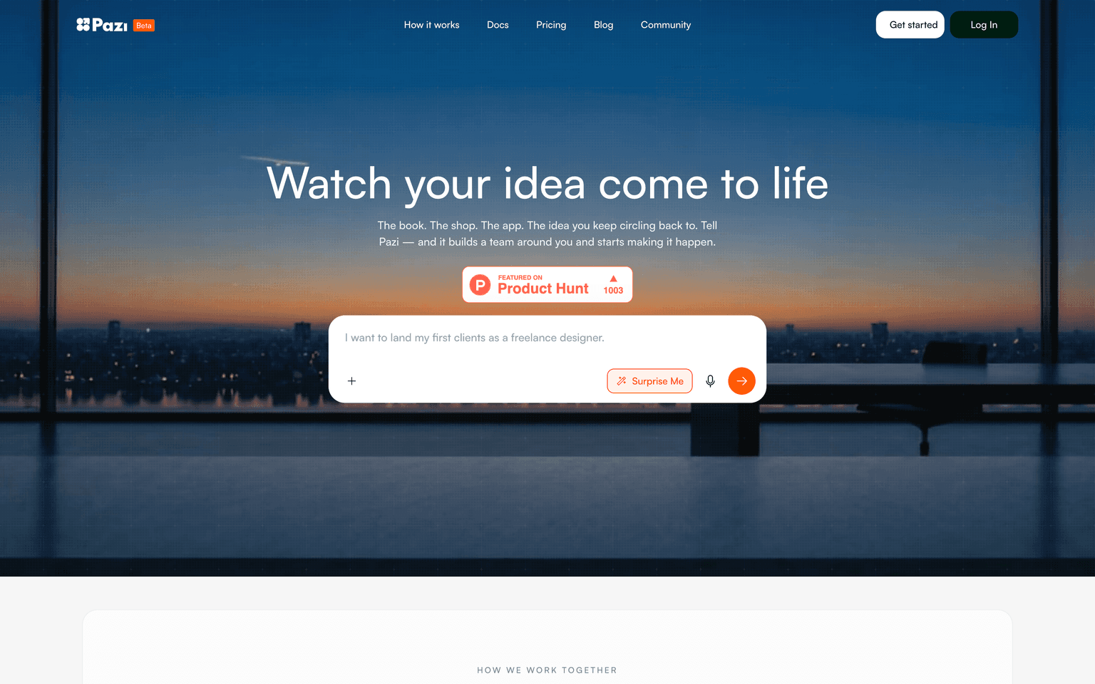 Pazi landing page describing AI agents that fill company roles and execute business tasks autonomously