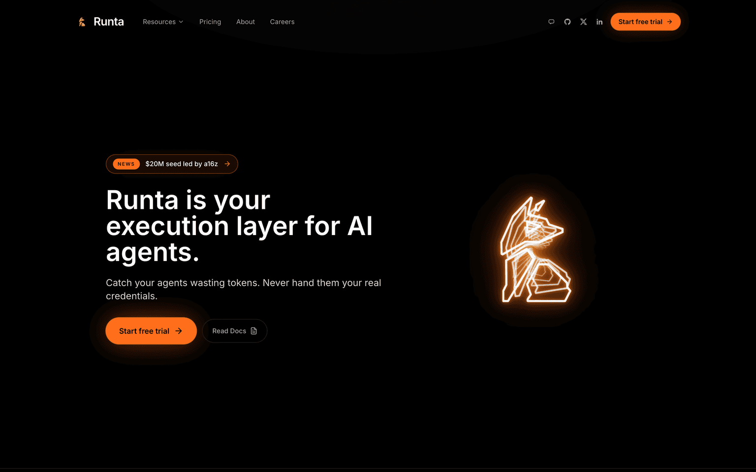 Runta landing page describing an execution layer that gives AI agents an isolated, governed computer
