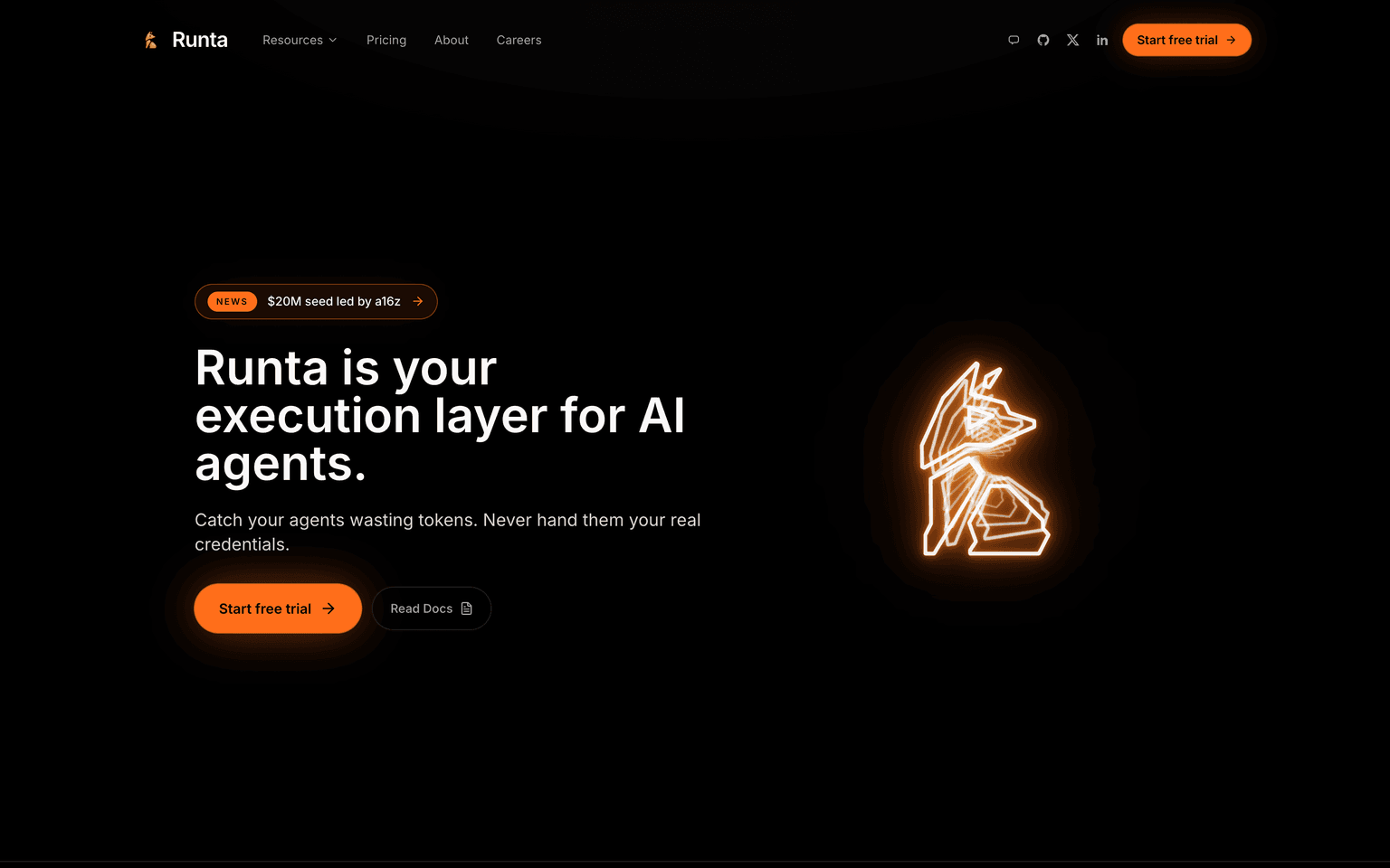 Runta landing page describing an execution layer that gives AI agents an isolated, governed computer