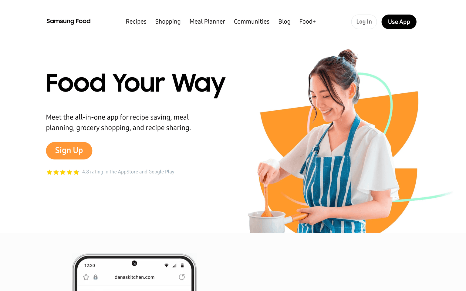 Samsung Food landing page reading Food Your Way for an AI recipe and meal planning application