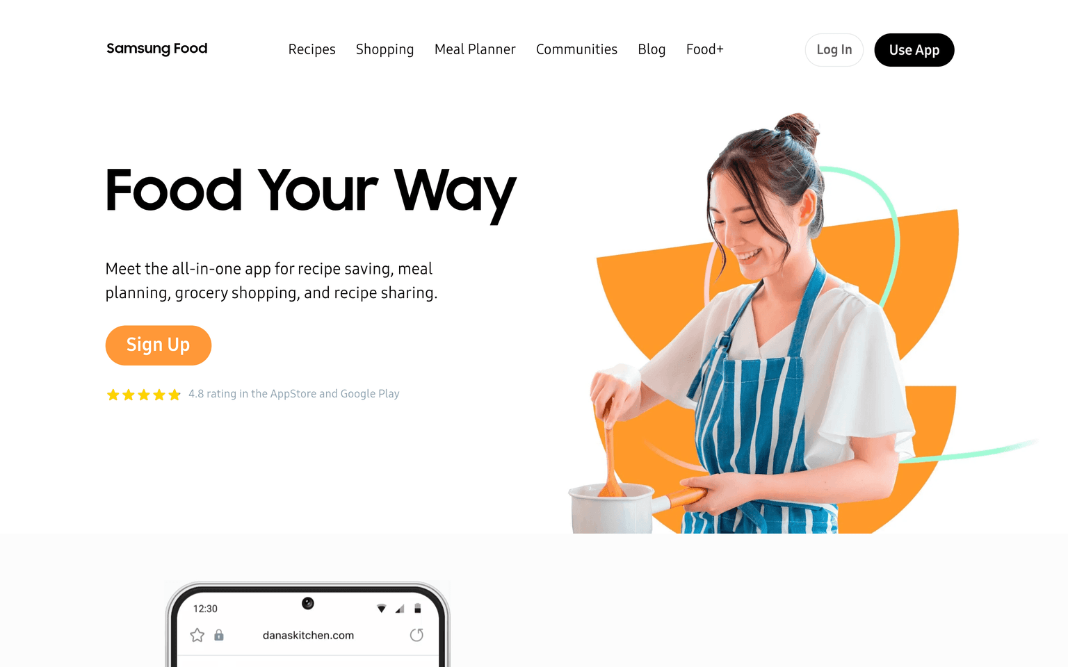 Samsung Food landing page reading Food Your Way for an AI recipe and meal planning application