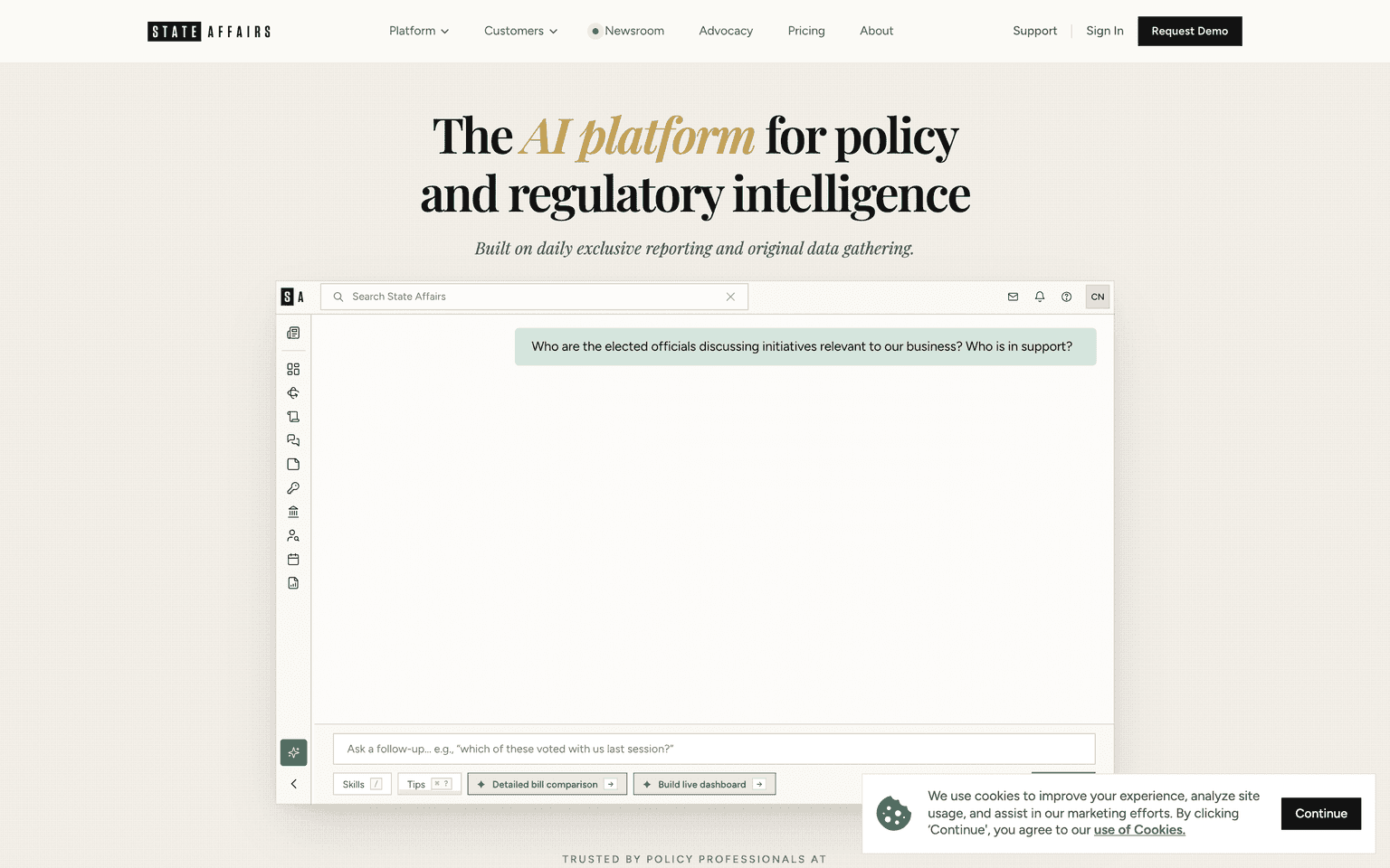 State Affairs landing page describing AI-powered legislative tracking across US states and Congress