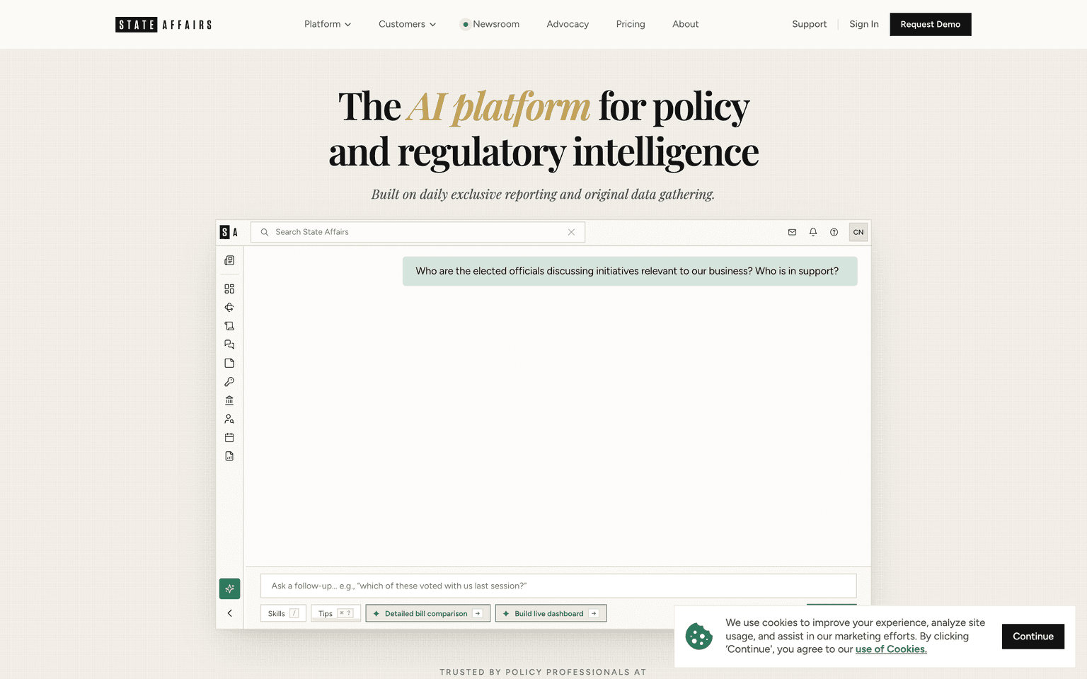 State Affairs landing page describing AI-powered legislative tracking across US states and Congress