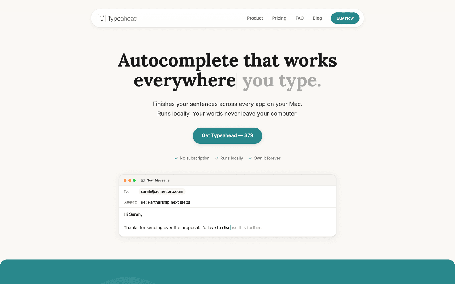 Typeahead landing page showing system-wide on-device AI autocomplete across macOS applications