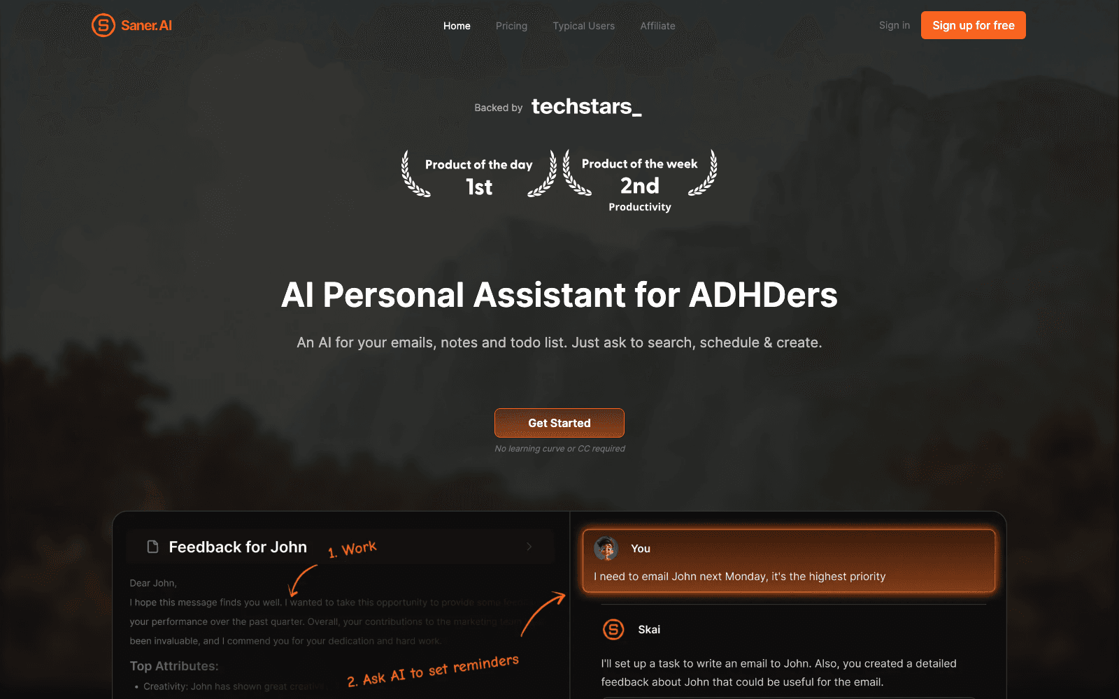 Saner.ai productivity tool screenshot