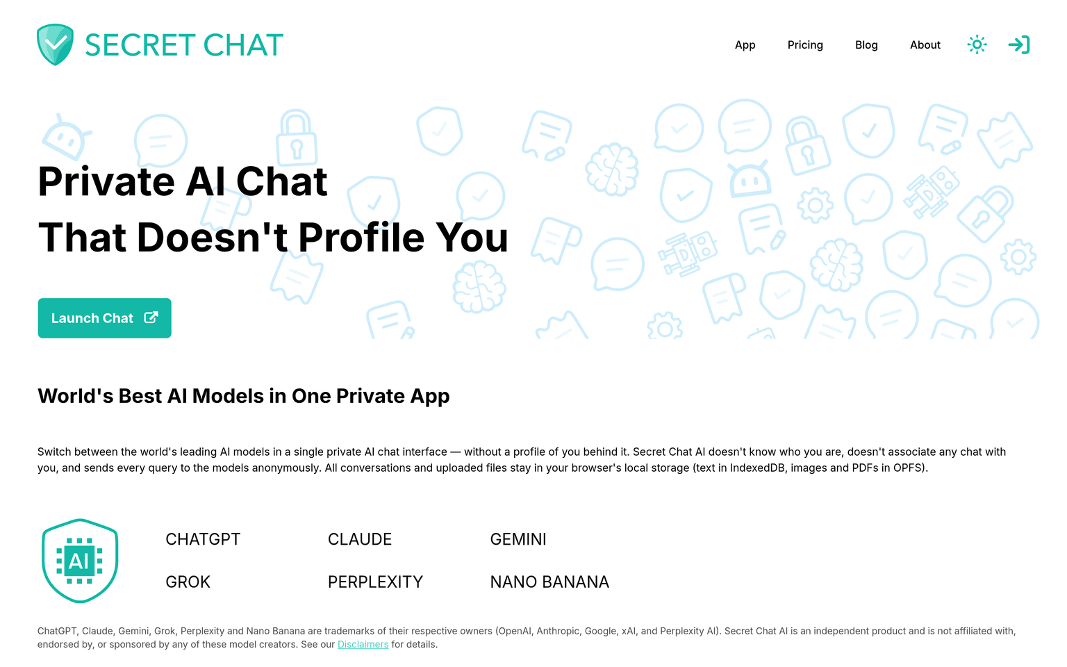 Secret Chat AI landing page headline about private AI chat that does not profile you