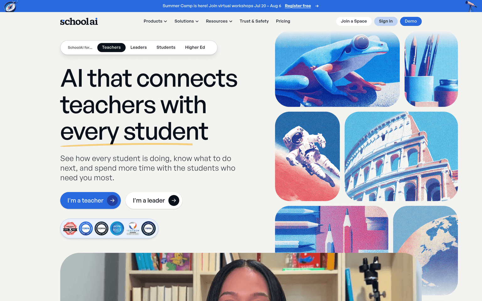 SchoolAI product interface dashboard screenshot homepage view