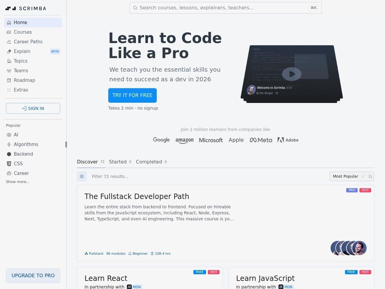 Scrimba product interface dashboard screenshot homepage view