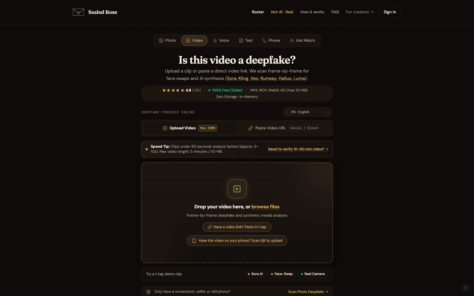 Sealed Rose product screenshot showing its deepfake detection and media forensics interface
