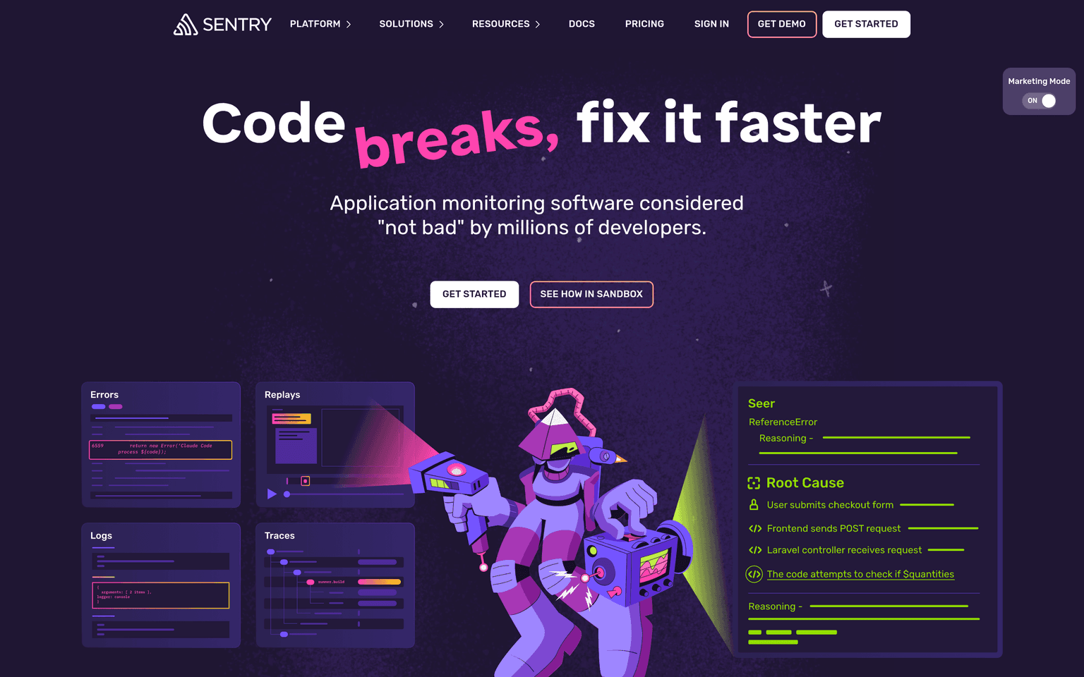 Sentry homepage showing application error monitoring and tracing dashboard