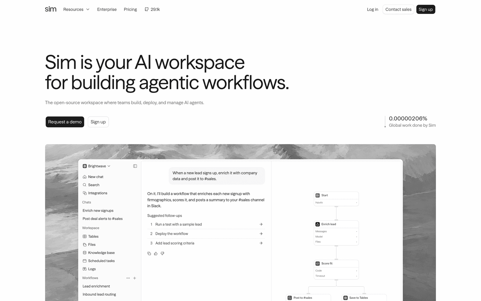 Sim AI product interface dashboard screenshot homepage view