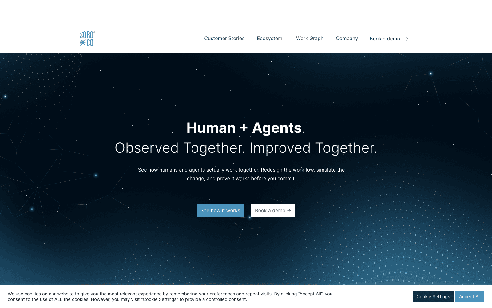 Soroco homepage screenshot showing the product interface and branding