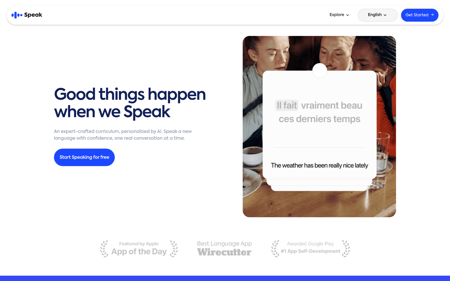Speak product interface dashboard screenshot homepage view